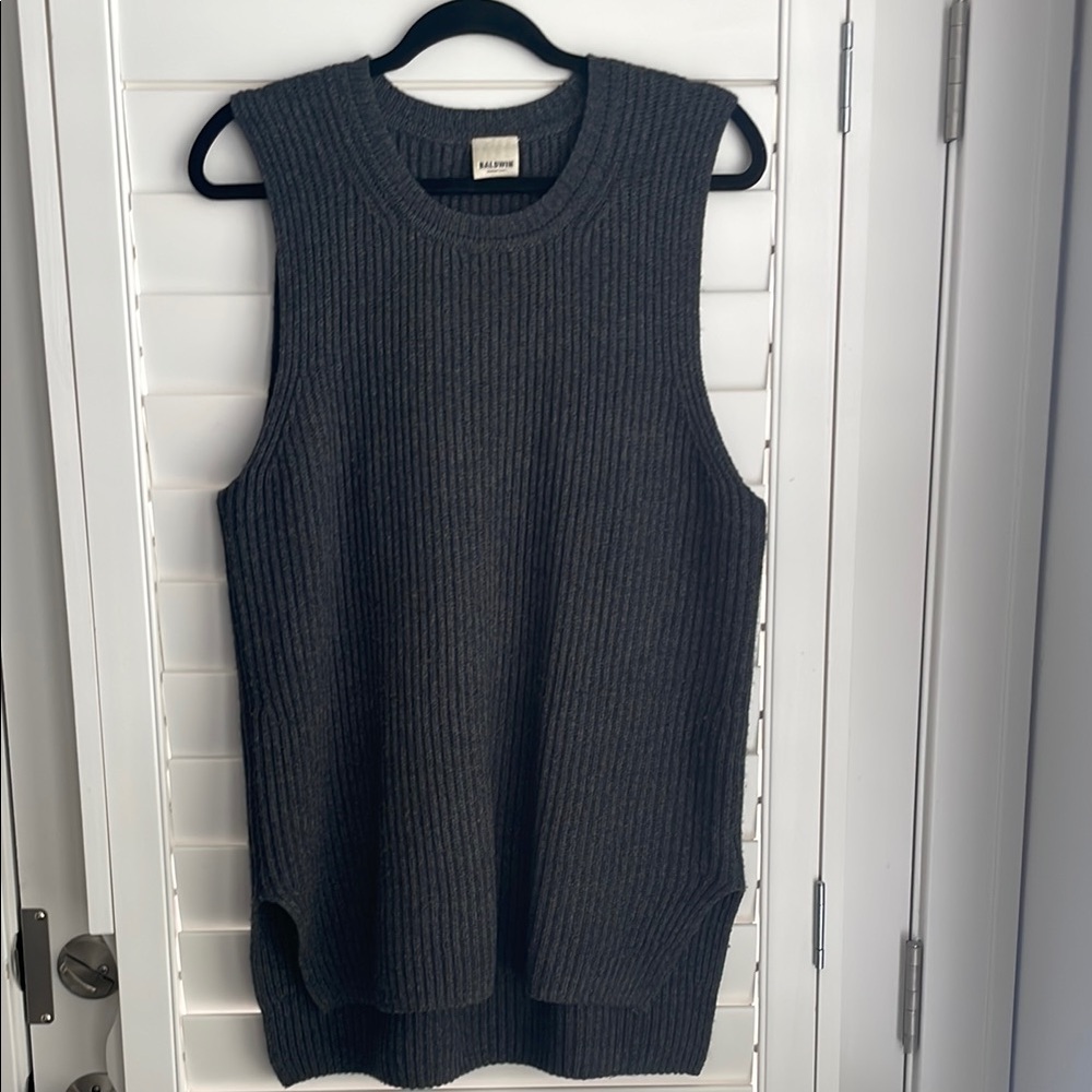 BALDWIN Gray Merino wool & Cashmere Ribbed Sleeveless Tunic Sweater Vest